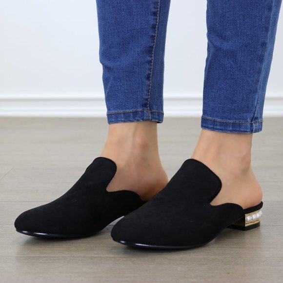 Suede Slip On Loafer Mule Pearl Accents on Heel - Picture 7 of 13